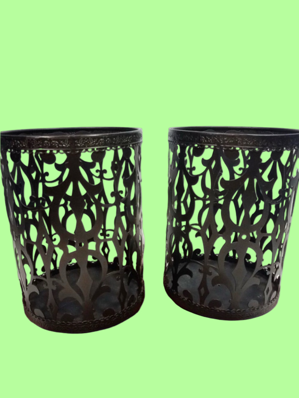 Set of 2 Black Iron Burnout Pillar Candle Holders